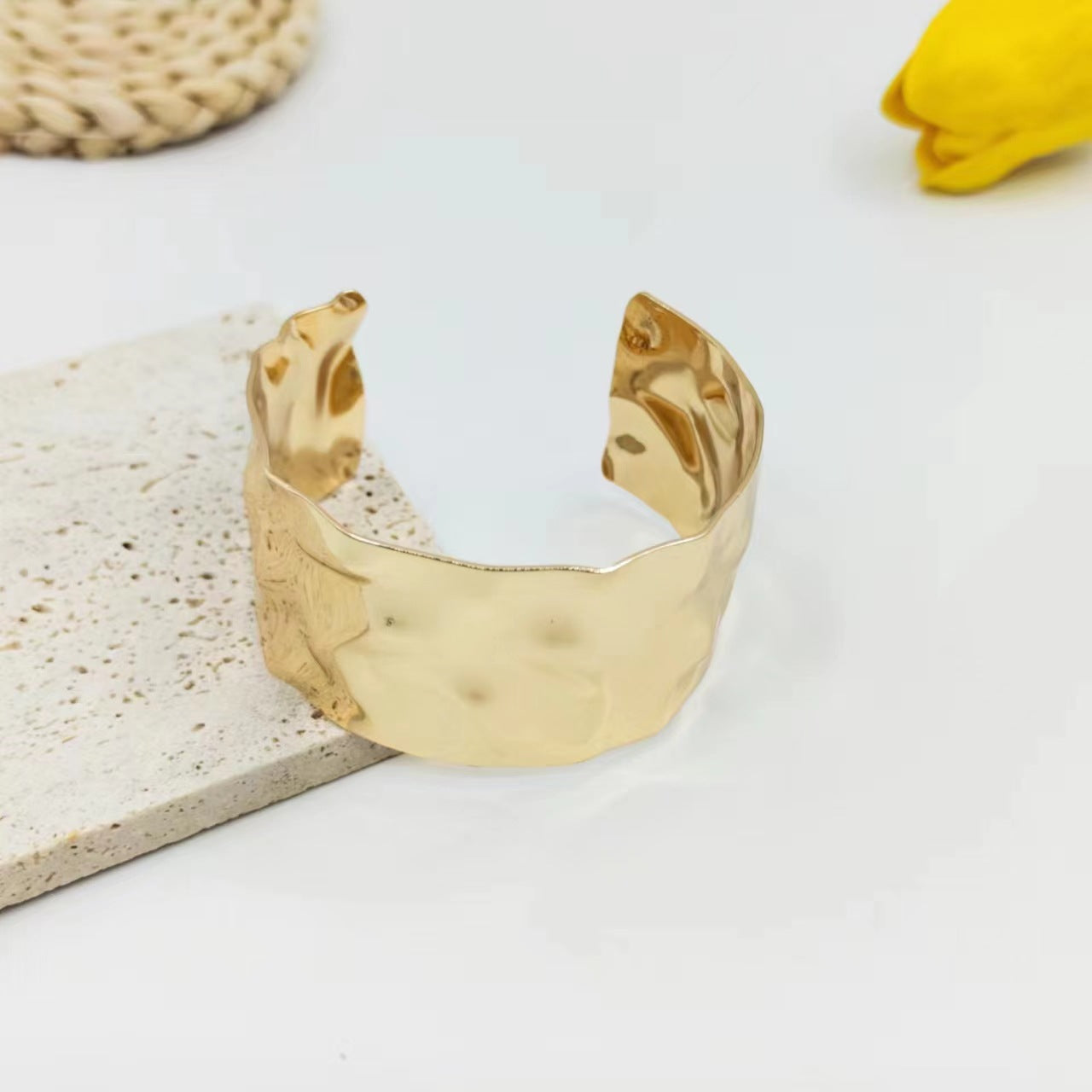 Wholesale wide hammered pleated golden bracelet